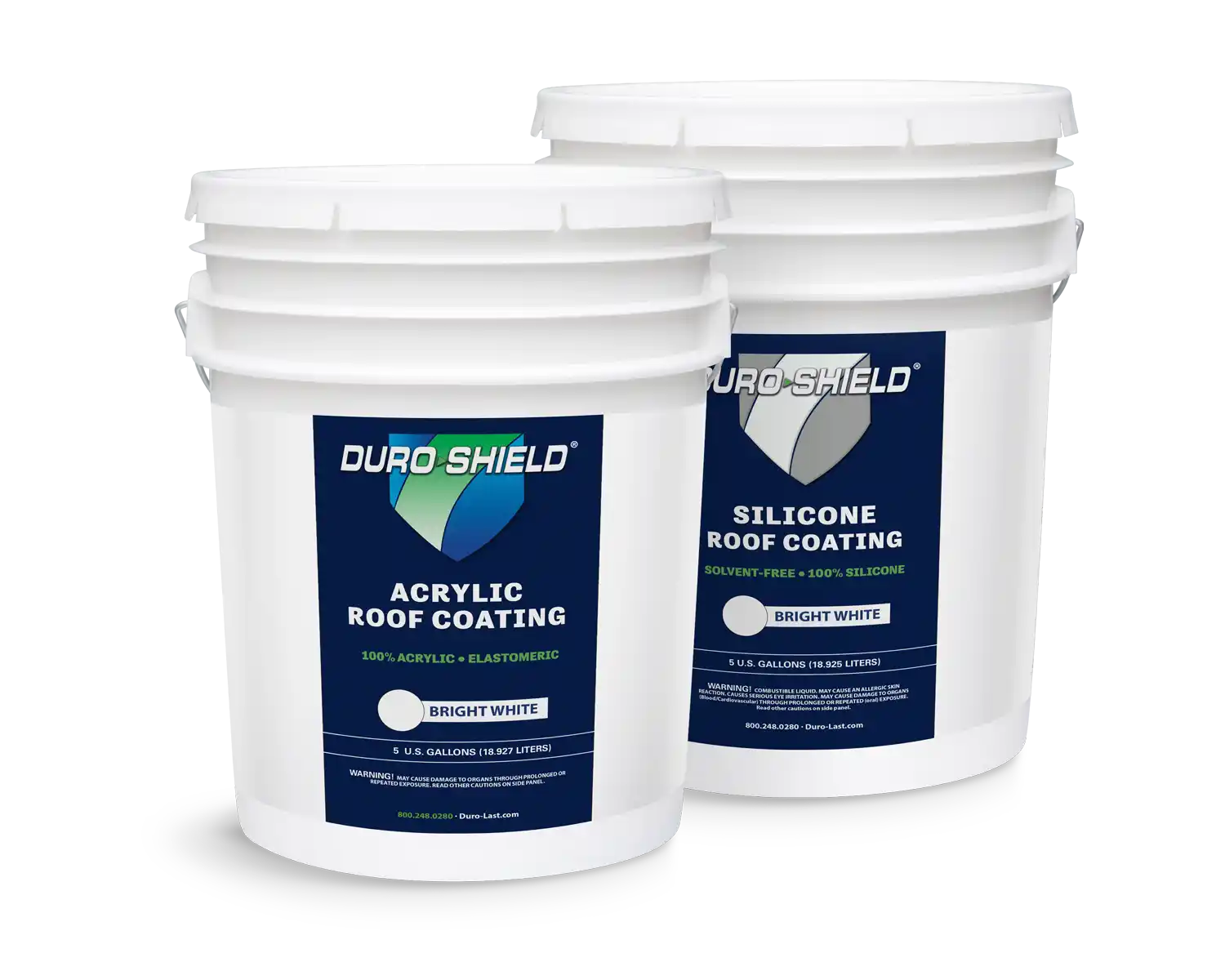 A pail of Duro-Shield Acrylic Roof coating and Silicone Roof coating